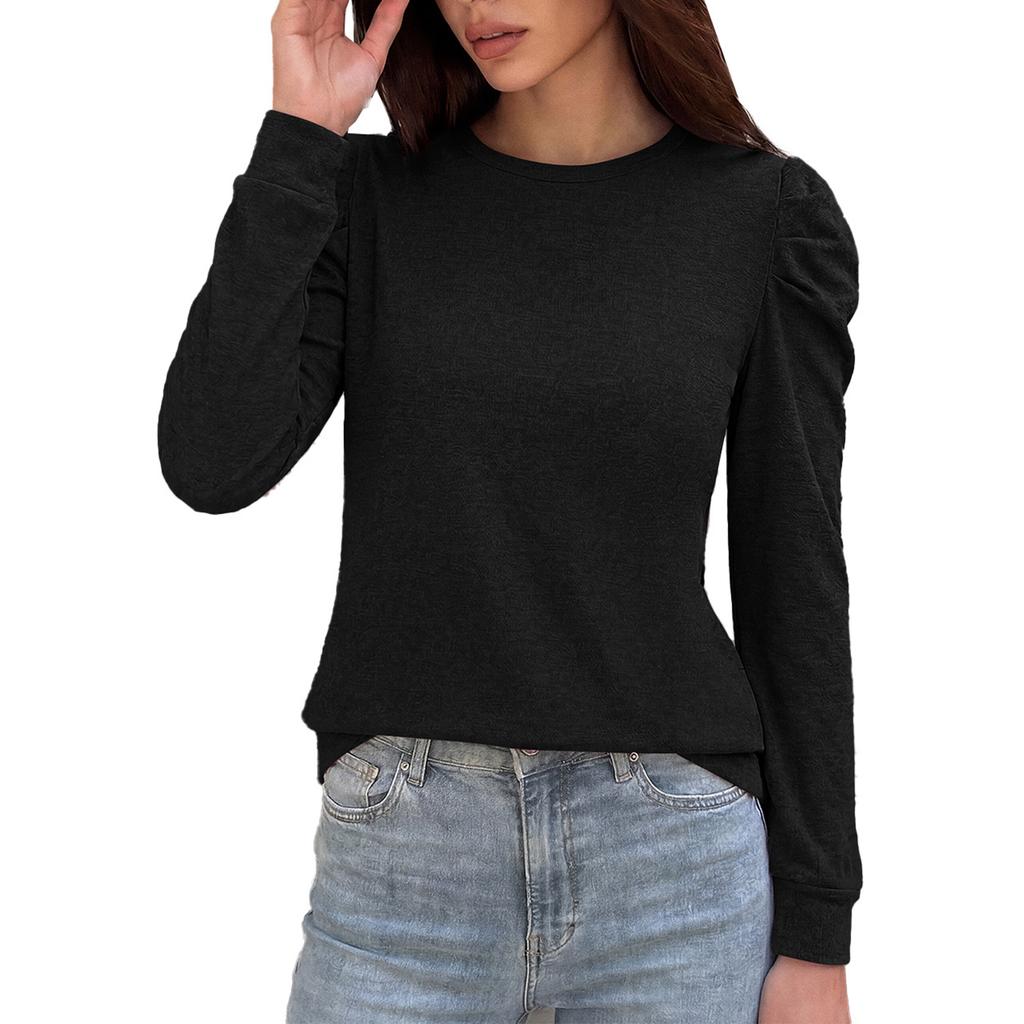Women's Fashion Loose Fit Long Sleeve T Shirt Crew Neck Pleated Shoulder Detail Casual Top for Everyday Wear