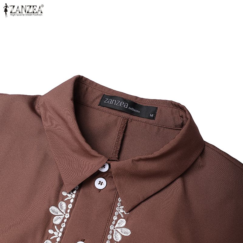 ZANZEA Women Casual Turn Down Collar Loose Floral Embroidery Long Sleeve Dress