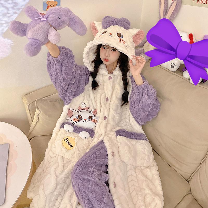 Autumn and Winter New Cute Hooded Nightgown Little Beaver Coral Fleece Pajamas Women's Winter Women's Pajamas Set