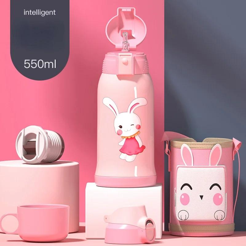 550ML Przenośny Kubek Termosowy z Kreskówką Inteligentny Wyświetlacz Temperatury LED Kubek ze Słomką dla Dzieci Stal Nierdzewna 316 Odporny na Upadki Czajnik Studencki