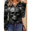 Plus Size Women's Long-sleeved Zippered T-shirt with Scary Skull Print Pattern, Versatile Commuting Style