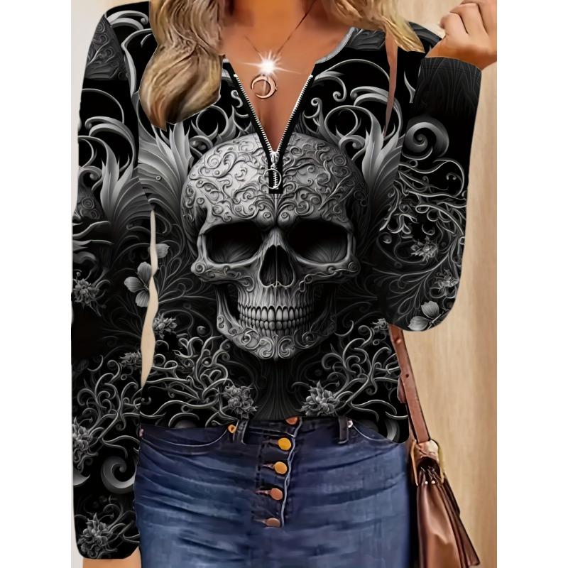 Plus Size Women's Long-sleeved Zippered T-shirt with Scary Skull Print Pattern, Versatile Commuting Style