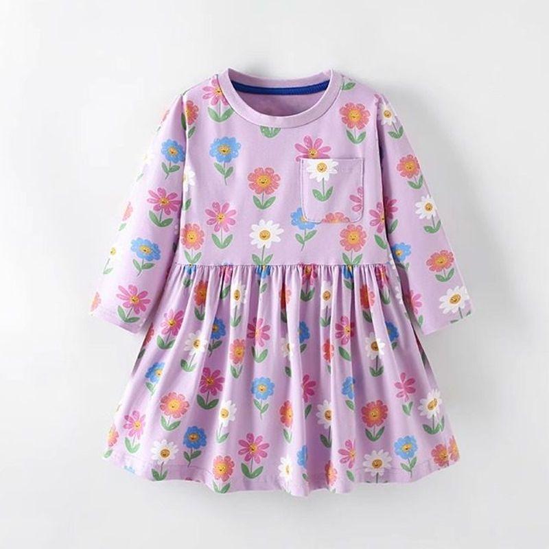 Dress, Baby Spring & Fall Clothing, Kidsren's Purple Flower Pure Cotton Princess Dress, Small and Medium-Sized Kidsren's Fashionable Knitted Dress