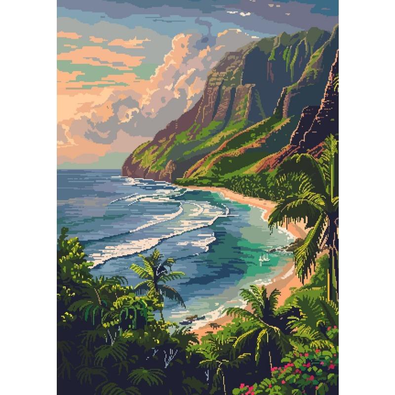 Hawaii Pixel Art Travel Landscape Poster Flower Island Sand Beach Sky Scenery Canvas Painting Room Home Wall Decor Mural