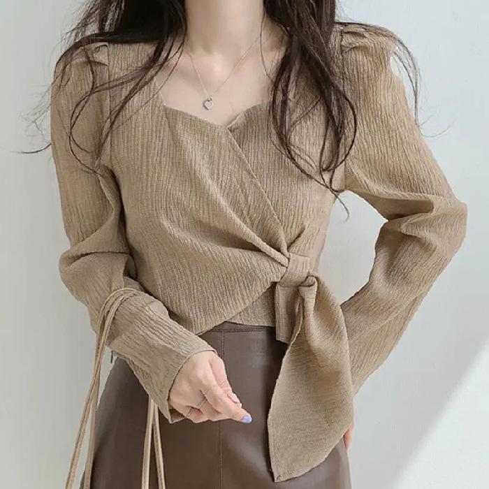 

Spring and Autumn tops design sense niche Korean square collar bubble long sleeve straps thin temperament shirt women S