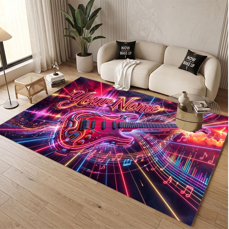 Music Guitar Theme Soft Crystal Velvet Rug Custom Name & Text Print Non Slip Floor Rug for Bedroom Living Room
