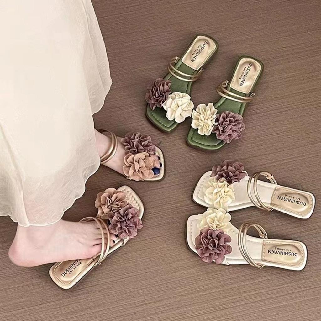 2025 summer Korean version of the national style flower green slippers purchase fashion flat bottom with two sandals
