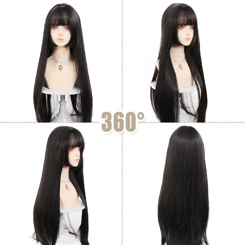 WTB Peluca Sintética Larga Lisa Negra Moda Femenina Flequillo Recto Fiesta Lolita Halloween Peluca Larga Lisa