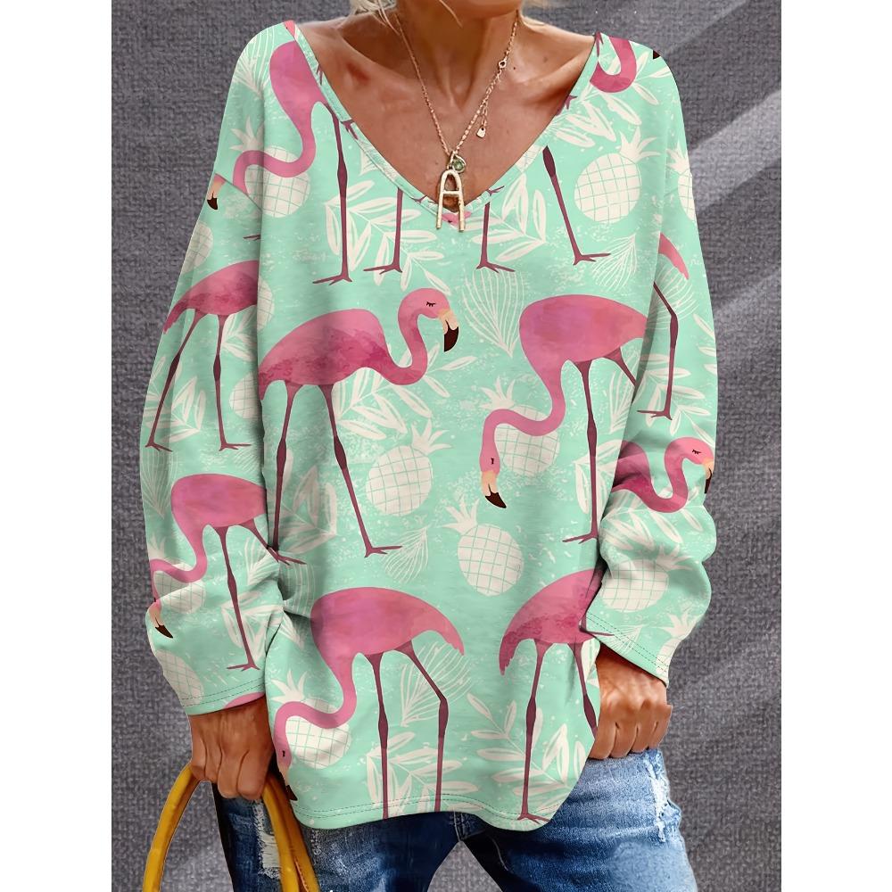 Fresh flamingo print long-sleeved plus-size women s T-shirt 1XL