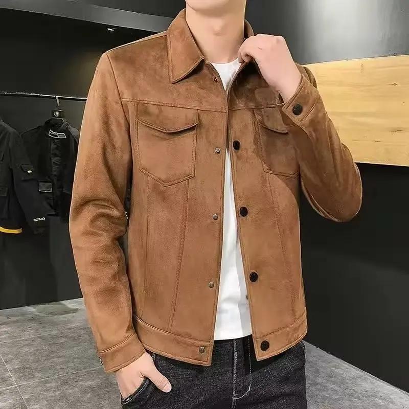 New Trendy Men's Jacket For Spring/autumn Solid Color Top Casual Stylish Lapel Jacket Deer Skin Fleece