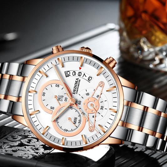 KINGNUOS Herrenuhr mit massivem Stahlarmband, wasserdicht, beschichtetes Glas, leuchtend, drei Augen, 6 Zeiger, Quarzuhr