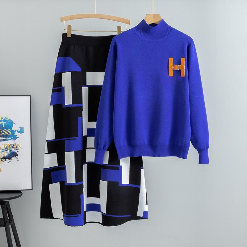 

Autumn & Winter High-End Sweater and Midi Skirt Two-Piece Set for Women One Size синій