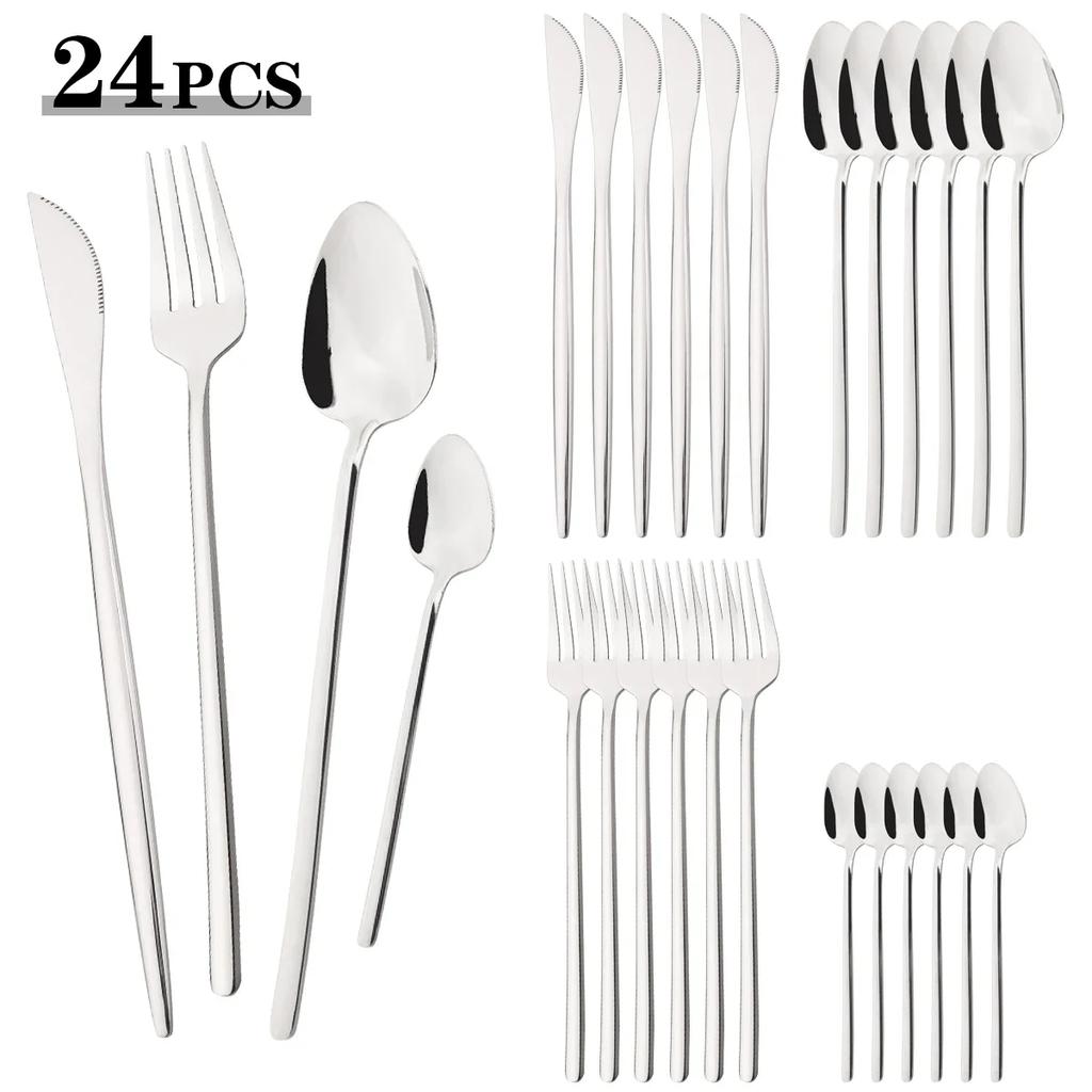 24pcs Black Mirror Dinnerware Set Knife Fork Coffee Spoon Cutlery Set Stainless Steel Flatware Western Party Kitchen Tableware
