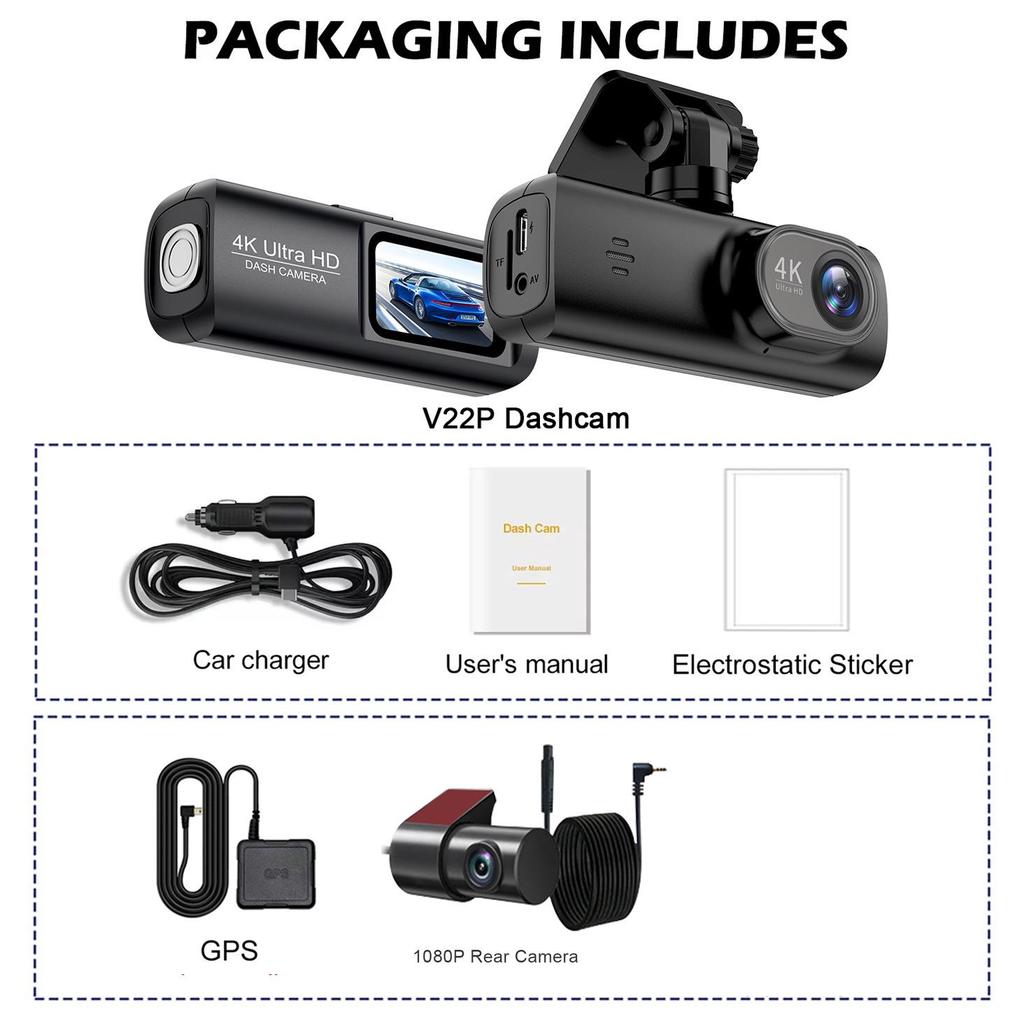 V22 4K Dual-Lens Dash Cam with GPS & Reversing Cam, Front & Rear Recording, Mobile App Integration