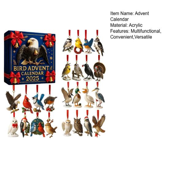 2025 Bird Advent Calendar 24 Days Handcrafted Acrylic Ornaments with Realistic Designs 2D Flat Hanging Decor for Christmas Tree & Holiday Display
