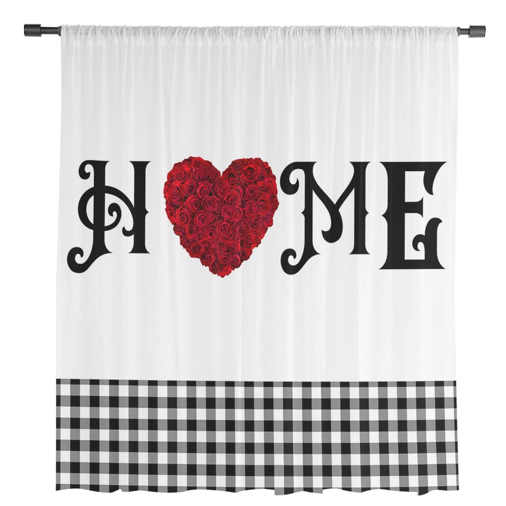 Valentine 'S Day Rose Heart Plaid Tulle Curtains For Living Room Kitchen Sheer Voile Curtain Bedroom Window Panels