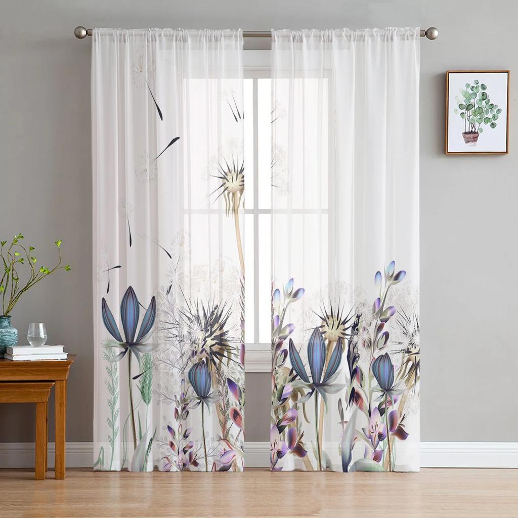 Green Plant Grey Dandelion Soft Tulle Transparent Curtains Perfect for Living Room Decoration Window Panel Curtain Perfect for Bedroom Kitchen Voile