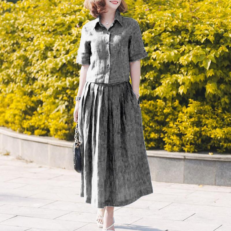 

ZANZEA Women Short Sleeve Blouse and Skirts Summer Stripe Two Piece Suit Sets S
