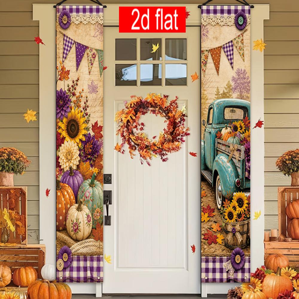 2D Flat, 2pcs Autumn Harvest Hanging Banner with Sunflower Chrysanthemum Pumpkin Maple Leaf Decor - Traditional Chinese Couplet Door Sign Suitable for