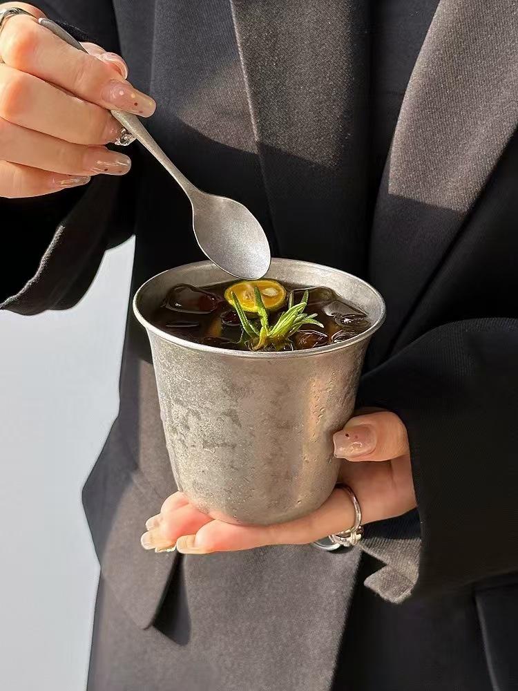 Thickened Vintage American Frosted Stainless Steel Coffee Cup Cold Drink Cup Wide Mouth Design