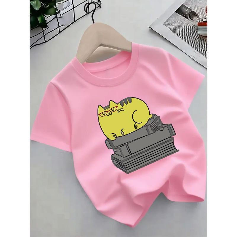 European sizes Cute Kitten Print Short Sleeve T-Shirt - Summer Casual Round Neck Top with Kitten & Cat Paws Design, 164cm розовый