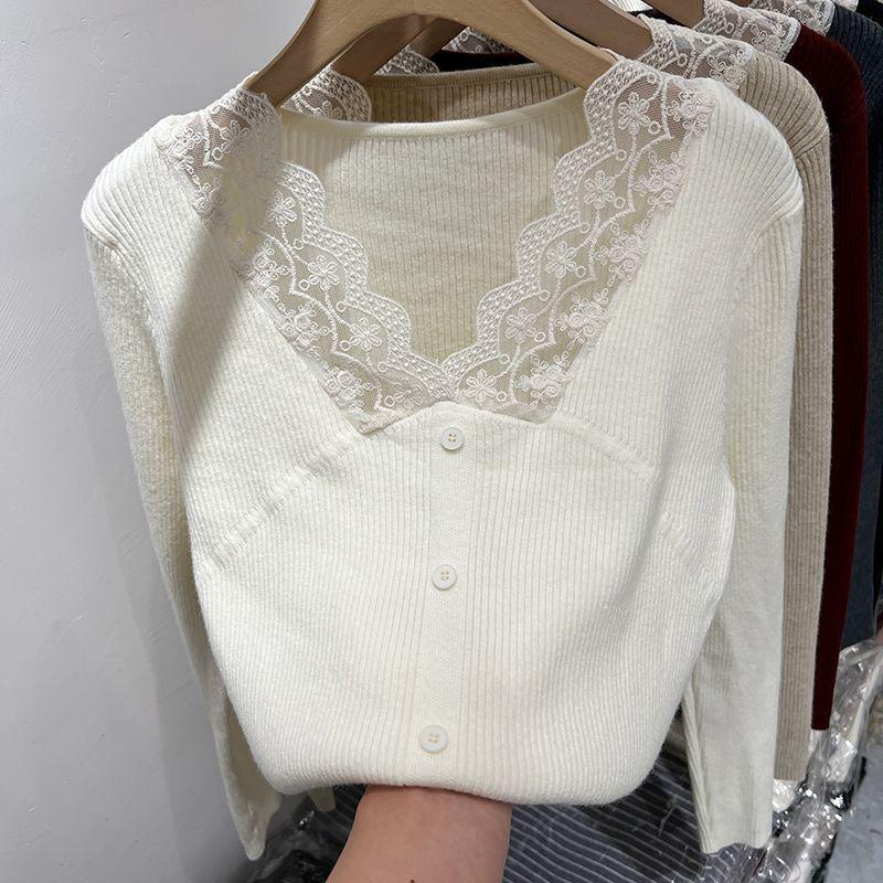

Французский осенний кружевной свитер с V-образным вырезом - Женский шикарный базовый топ One Size