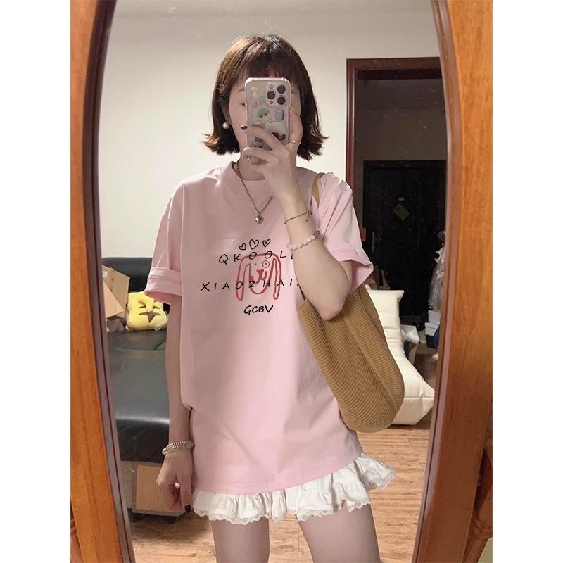 summer casual loose pink white t shirt high street cute letter print young girl short sleeved t-shirts for women's harajuku streetwear tshirt y2k tops
