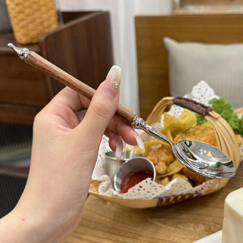 20cm Pear Wood Handle Stainless Steel Long Round Head Spoon for Rice Soup Dessert Tableware Kitchen Dining Tool