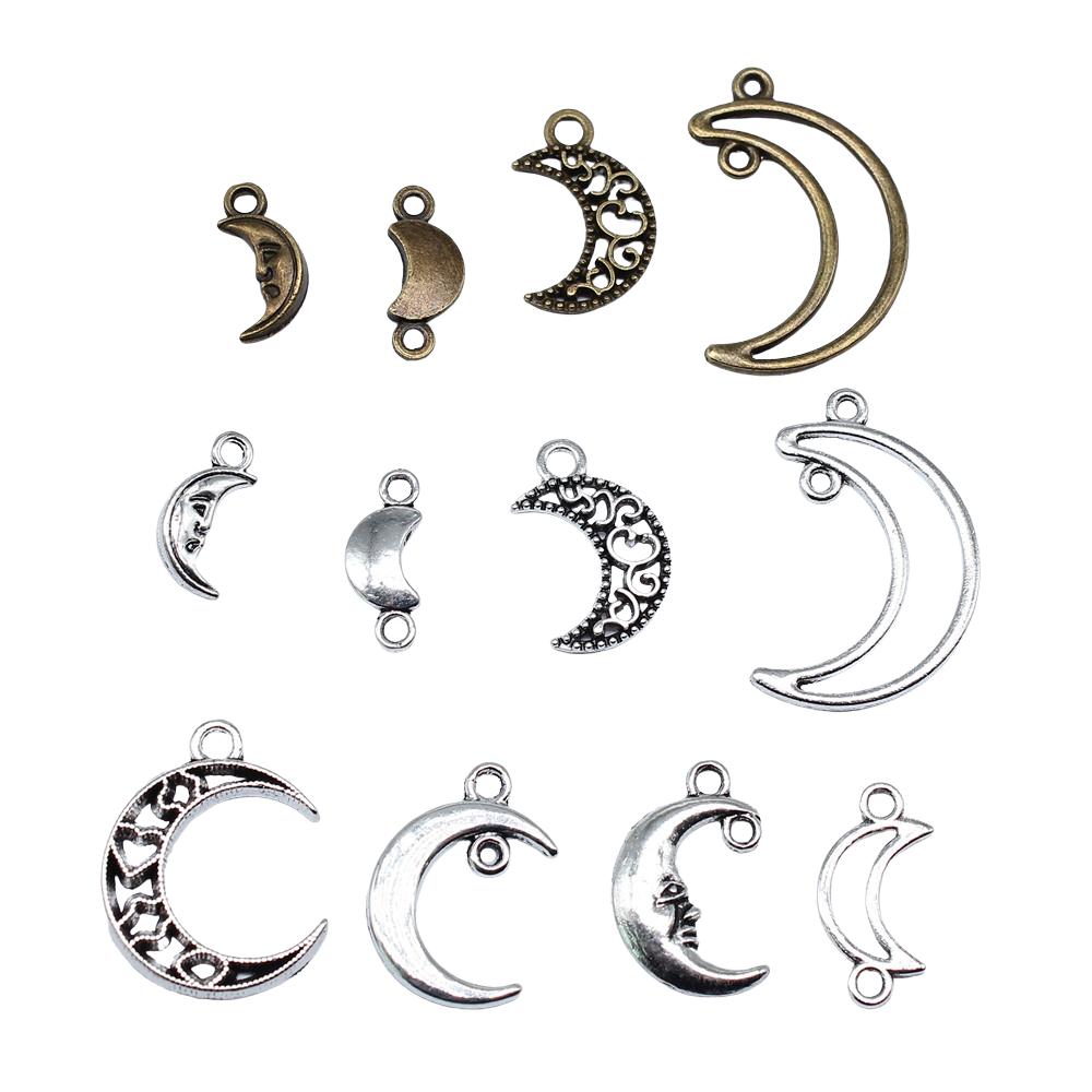 20pcs Moon Charms For Jewelry Making Tibetan Bronze Silver Color Pendants Antique Jewelry Making DIY Handmade Craft