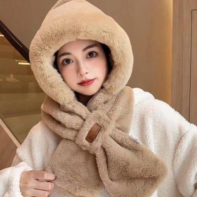 Hat Scarf Integrated Women's Winter Cycling Wind-Proof Cap Cold-Proof Warm All-Matching Plush Thickened Scarf Round Face Ear Protection