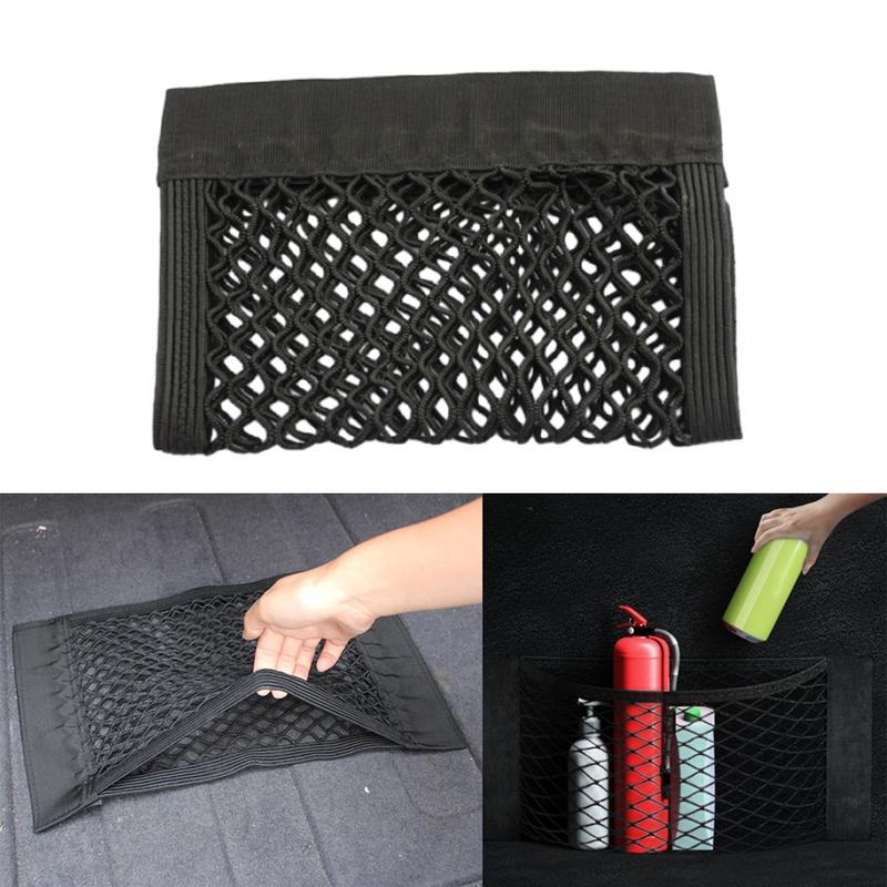 Car Rear Mesh Trunk Seat Back Bag Elastic String Net Magic Sticker Universal Storage Bag Pocket Cage Net Double Layer