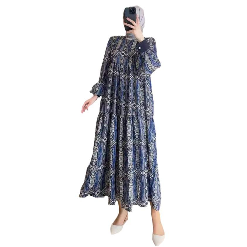 2024 Autumn European & American Women's Casual Print Crew Neck Loose Long Dress
