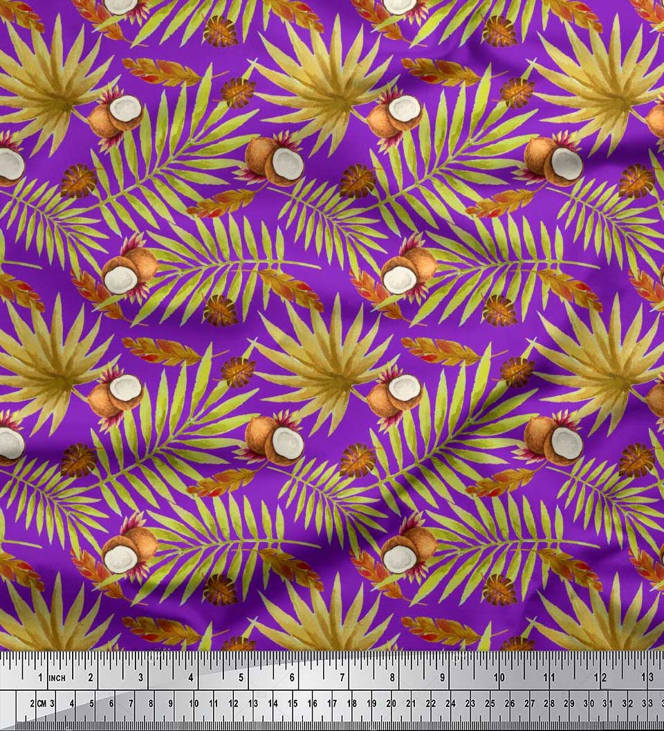 

Тканина Soimoi Japan Crepe Satin Tropical Leaves & Coconut Fruits Тканина з принтом на метри 42 дюйма 42 Inch Wide - Poly Crepe Фіолетовий