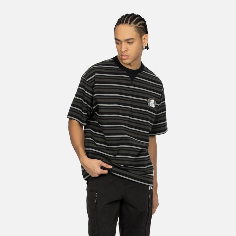 Evisu SS24 Multi-Embroidered Stripe Short Sleeve T-Shirt Men Tops Black 2ESHTM4TS8056LFCT