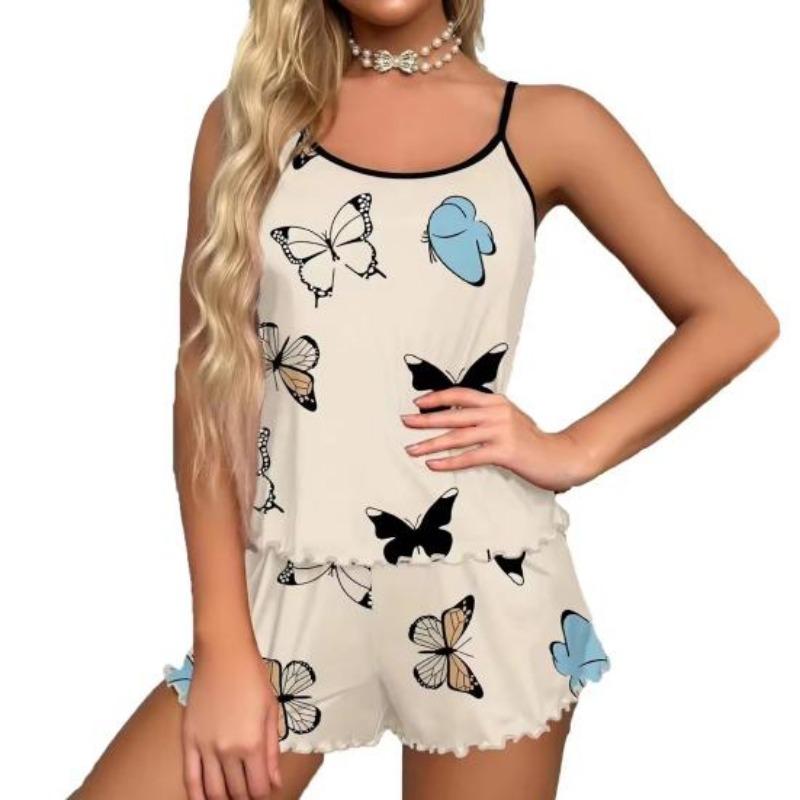 2 Pcs/Set Women O Neck Sleeveless Top Elastic Heart Print Strappy Pajamas Set High Waist Shirring