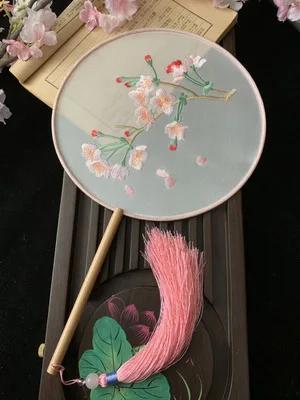 Chinese Traditional Art Embroidery Wooden Hand Fan, Classical, Ancient Dance Costume, Han Fu Cheongsam with Long Handle, Tasse