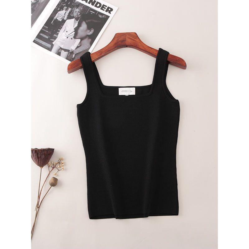 Foreign Trade Original Order Square Collar Ice Silk Camisole Fashion Wind Sexy Black Silm Slim Looking Versatile Knitted Top