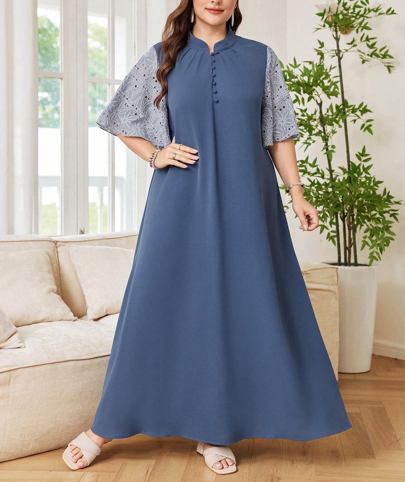 Plus Size Vintage Japanese Retro Women s Patchwork Long Dress 0XL синий