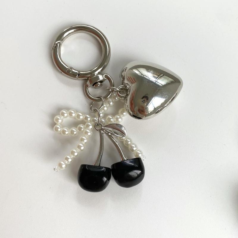 3D  Cherry Keychain Pearl Bow Silver Heart Pendant Keyring Women'S Bag Accessories Gifts