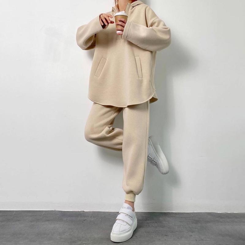 Women Solid Color Long Sleeve Hooded V Neck Hoodies Suit Autumn Winter Loose Top Wide Leg Pants