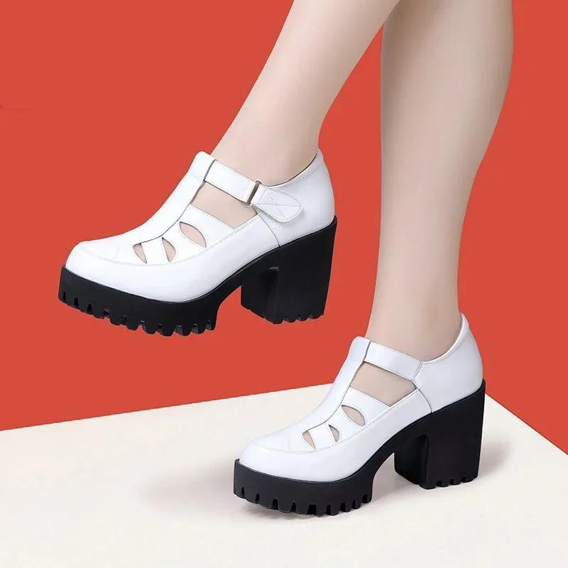 8cm Small Size 32-43 Close Head Genuine Leather Shoes Chunky Platform Sandals 2025 Block High Heels Gladiator Sandals Office Mom