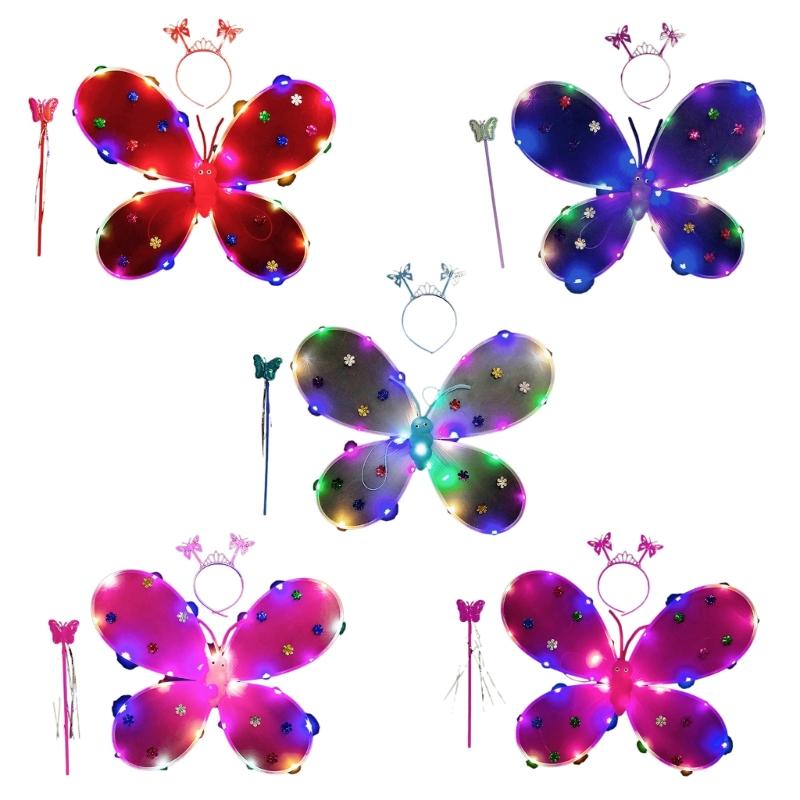 Three Piece Set LED Performance Costume Light Up Wing Sparkles Butterfly Fairy Angel Wing Girls Party Dress Up Cosplays