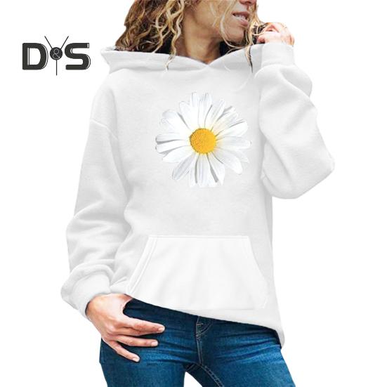 

Осенне-весенняя толстовка с капюшоном с большим передним карманом, цветочным принтом, длинными рукавами и эластичными манжетами, свитер, толстая толстовка с капюшоном, повседневная спортивная одежда XL белый