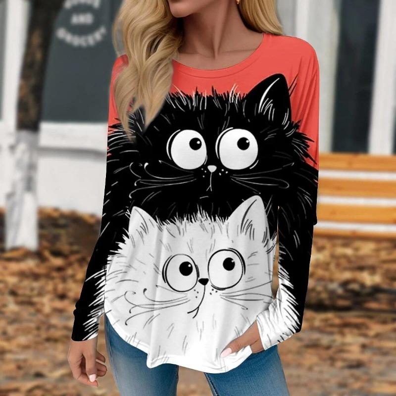Women's 3d Colorful Cartoon Kawaii Cat Print Autumn Long Sleeve Tops Women's T-Shirt O-Neck Oversized Ladies Clothing