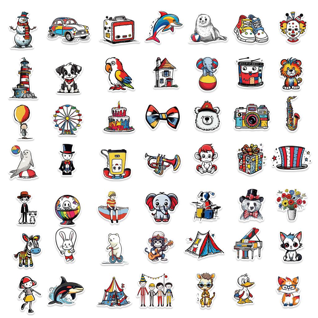 50 Cartoon Circus Doodle Stickers Decorate Guitar Notebook Suitcase DIY Waterproof Stickers
