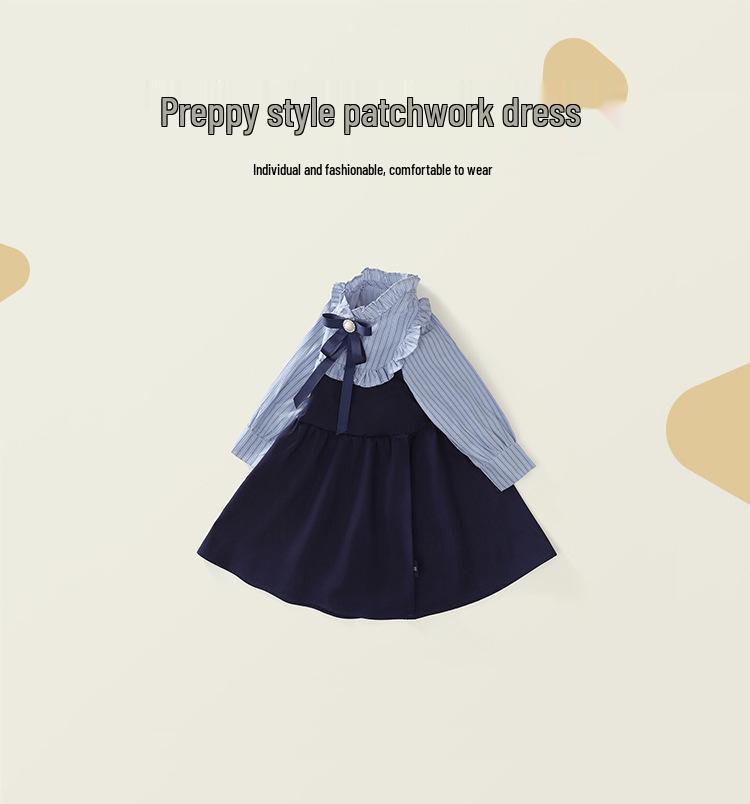 Herbst 2025 Mädchen Gestreiftes Colorblock Langarmkleid mit Falschem Zweiteiler Koreanisches Design