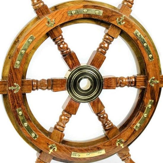 18 Inch Ship Wooden Wheel-Brass Anchor & Strips Wheel-Wooden Handles Wheel-Wall Decor-Home Decor-Wooden Six Shake Wheel
