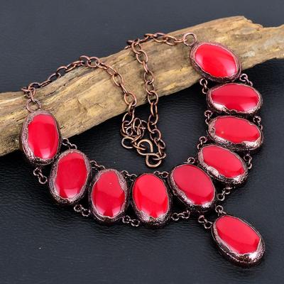 Red Coral Handmade Gemstone Necklace, Copper Electroformed Necklace Unique Design Jewelry, Adjustable Chain Necklace