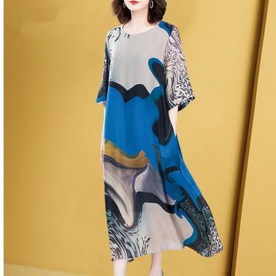 Women's Abstract Art Print Maxi Dress Round Neck Half Sleeve Loose Casual Summer Dress