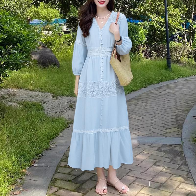 

ZANZEA Women V-Neck Casual 3/4 Sleeve Lace Splice Loose Long Dress 2XL